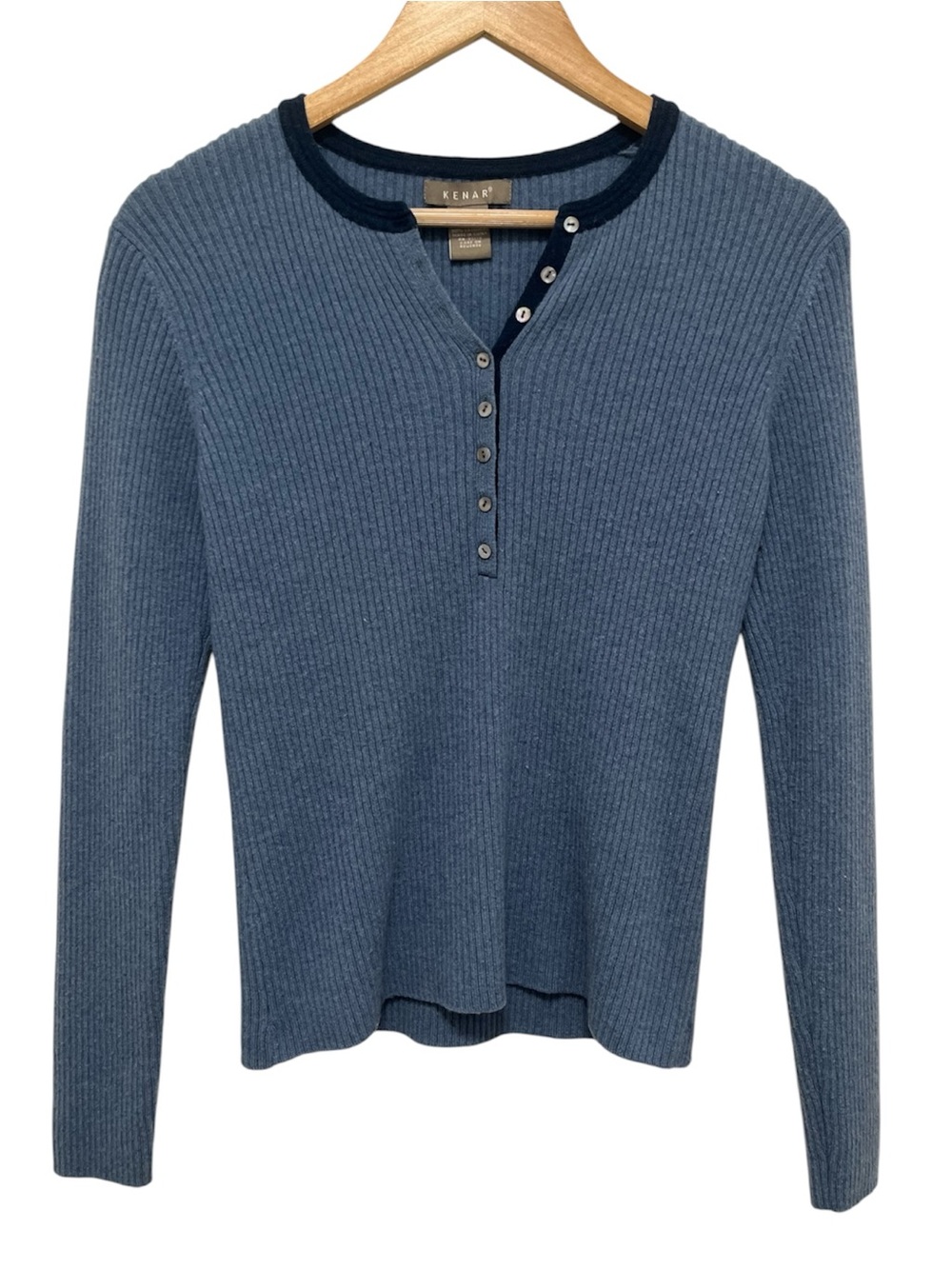 Kenar 100% Cashmere Dusty Blue Ribbed Henley Sweater Size Medium